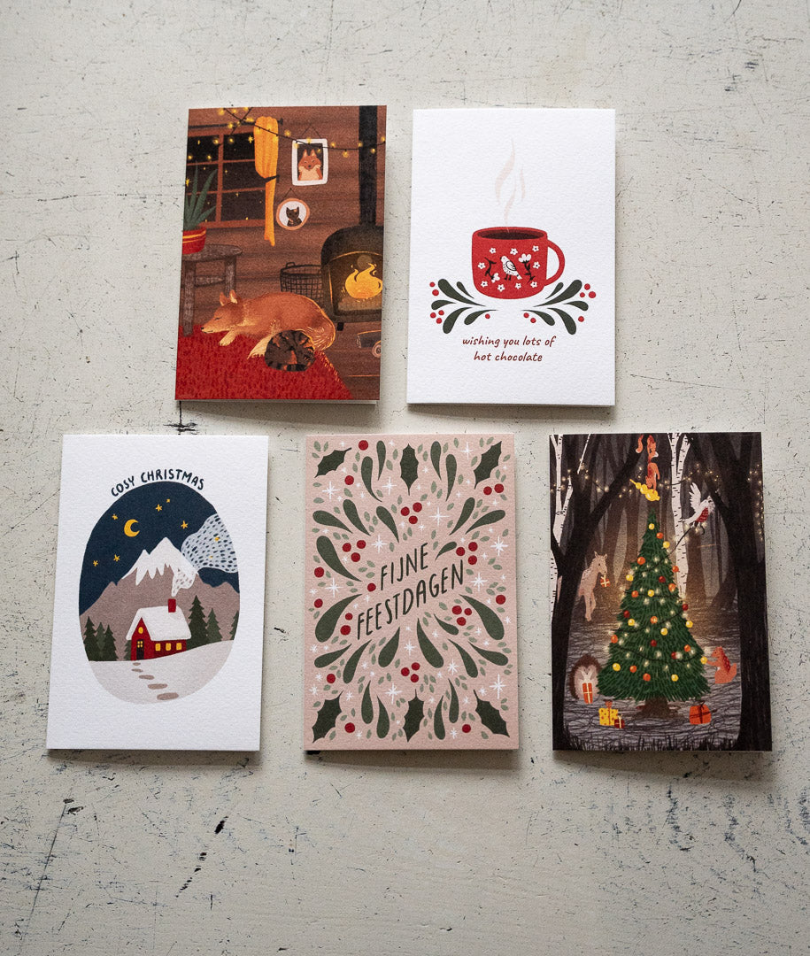 Kerstkaarten set van 5 - Cosy illustraties
