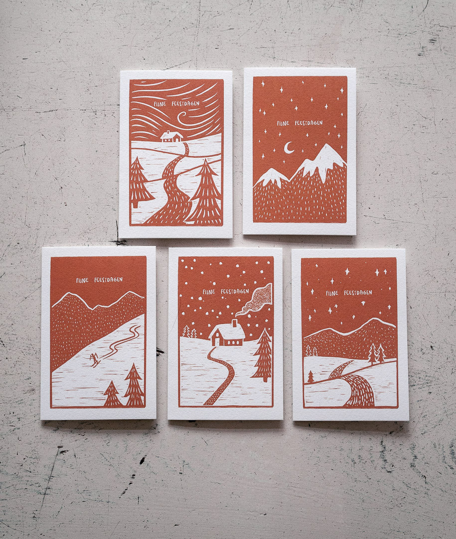 Kerstkaarten set van 5 - Minimalistische bergen