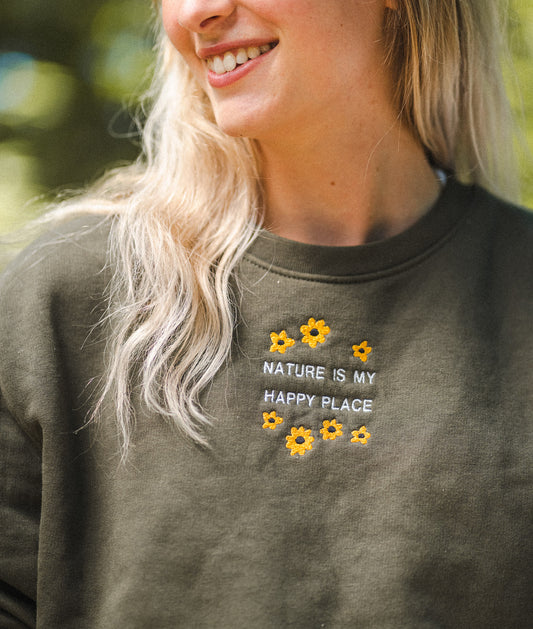 Geborduurde Sweater bloemen - Logo midden - Bio katoen